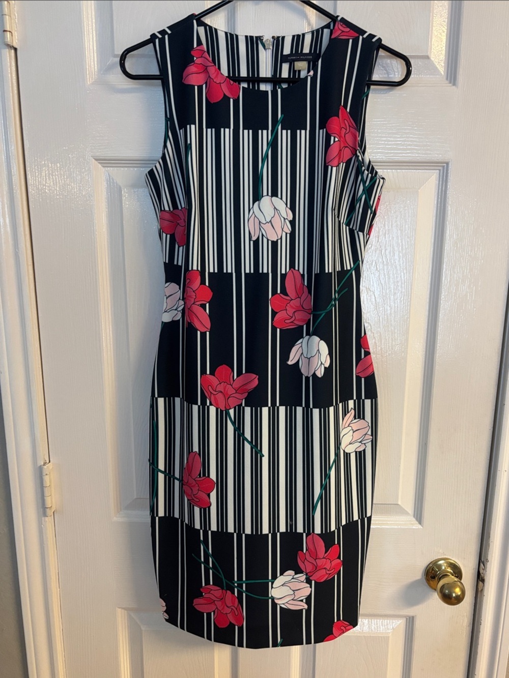 Tommy Hilfiger Black & White Striped Midi Dress with Red and Pink Floral Accents